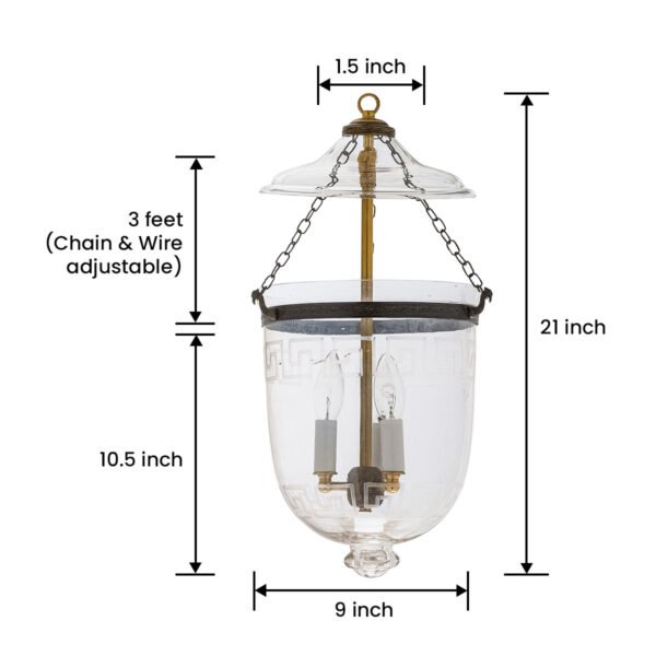 CDNY MEDIUM PLAIN GREEK KEY LANTERN: Classic Etched Greek Key Band Glass Hanging Chandelier with Antique Brass Finish, 9" DIA, H 21" JAR 10.5" - Image 3