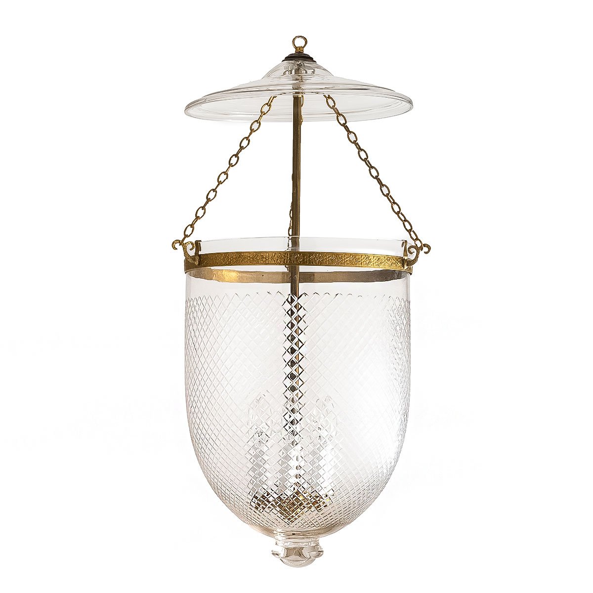 The CDNY Jumbo Diamond Cut Lantern Chandelier, with brilliant etched glass and a timeless antique brass finish.