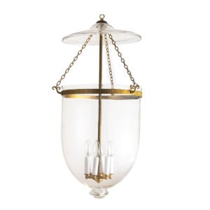 CDNY Jumbo Plain Clear Lantern Chandelier featuring classic clear glass and an antique brass finish