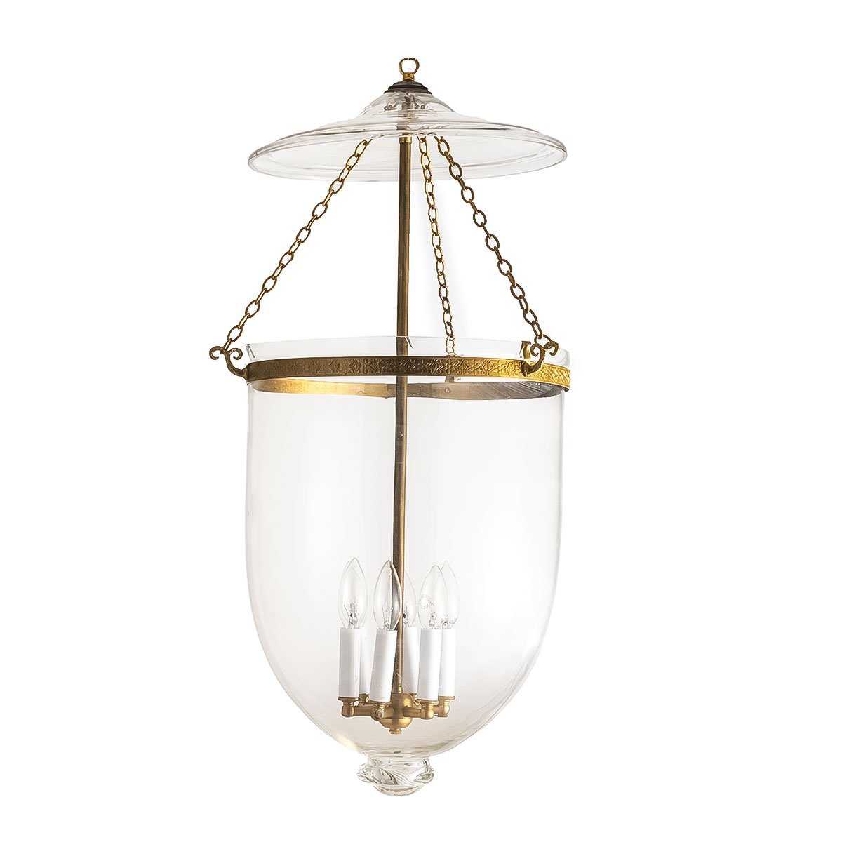 The CDNY Jumbo Plain Clear Lantern Chandelier, showcasing classic clear glass with a timeless antique brass finish.