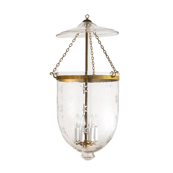 CDNY Jumbo Star Cut Lantern Chandelier featuring dazzling star etched glass and an antique brass finish