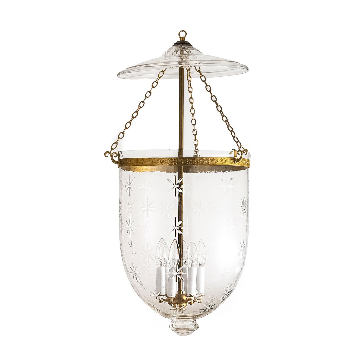 The CDNY Jumbo Star Cut Lantern Chandelier, with beautifully etched glass and a timeless antique brass finish.