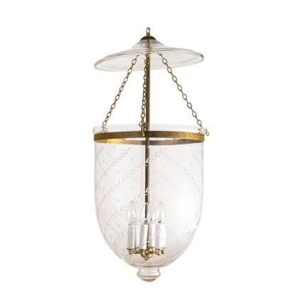 CDNY Jumbo Star Feather Lantern Chandelier featuring elegantly etched glass with a star and feather pattern and an antique brass finish
