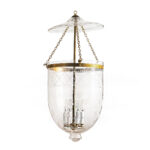 CDNY Jumbo Tulip Lantern Chandelier featuring etched glass with a tulip design and an antique brass finish