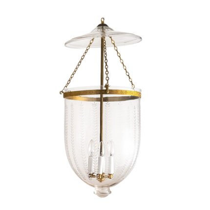 CDNY Jumbo Vertical Leaf Lantern Chandelier featuring etched glass with a vertical leaf pattern and an antique brass finish