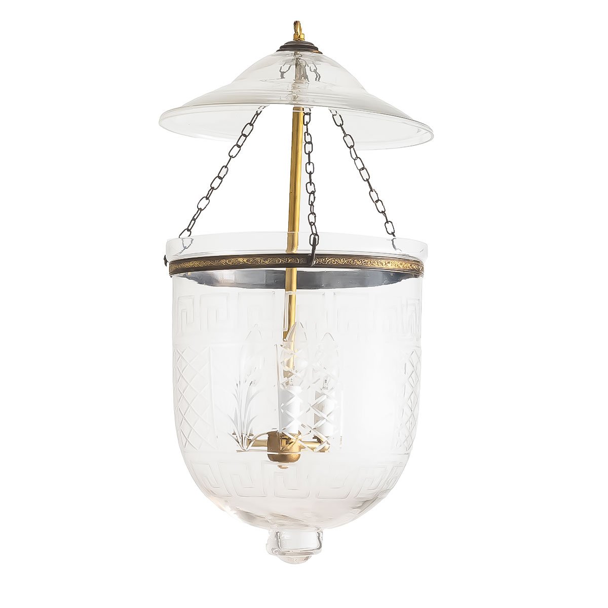The CDNY Large Greekkey Lantern, featuring elegant etched glass with a classic Greek Key pattern.