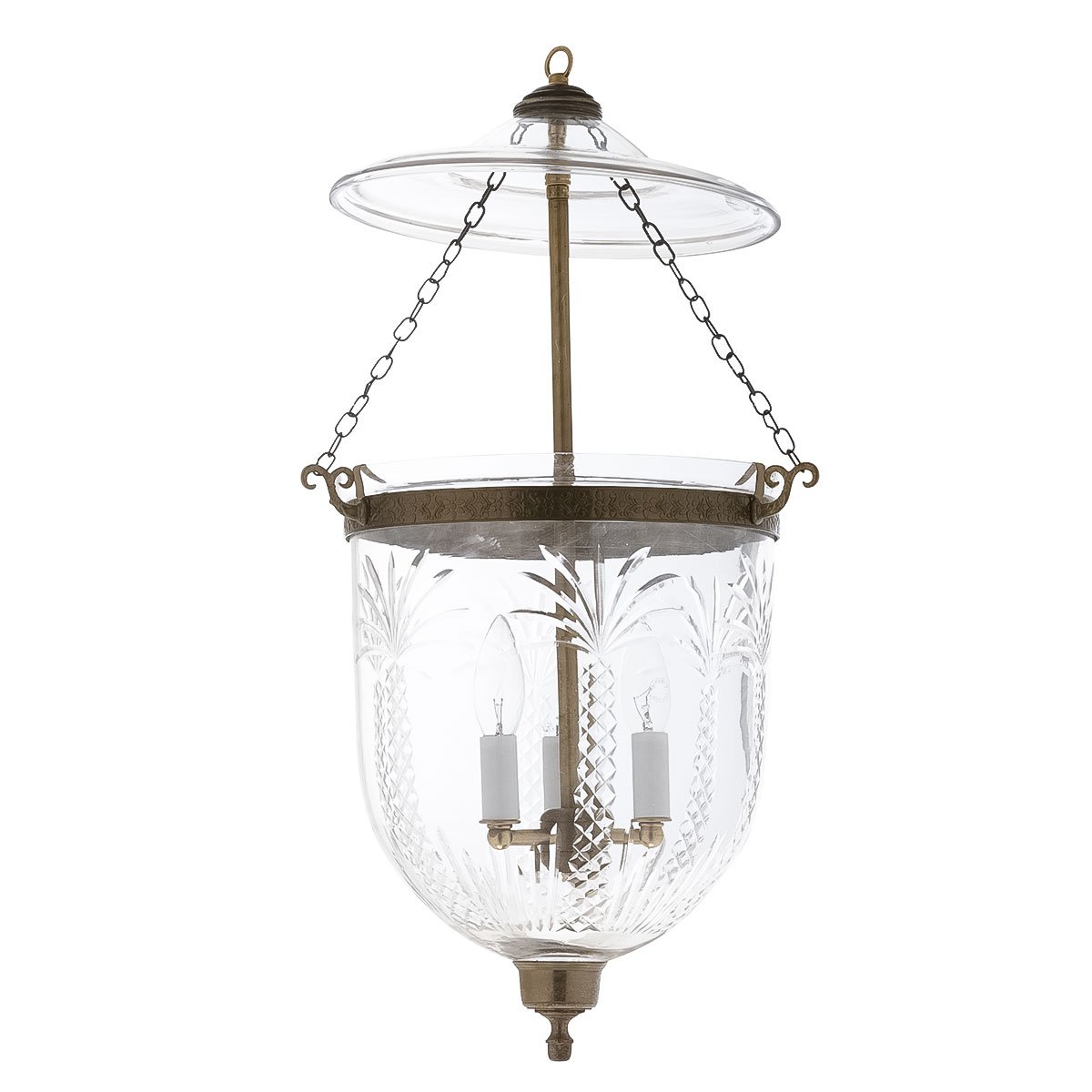 The CDNY Large Palm Tree Lantern Chandelier, showcasing a grand etched glass with a tropical palm tree pattern.