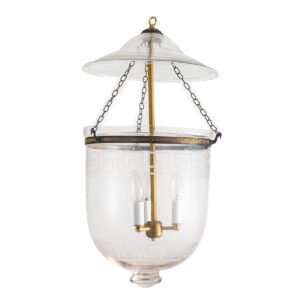 CDNY Large Plain Greek Key Lantern Chandelier featuring etched glass with a classic Greek Key band and a brass finish