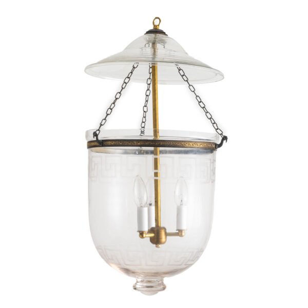 CDNY Large Plain Greek Key Lantern Chandelier featuring etched glass with a classic Greek Key band and a brass finish