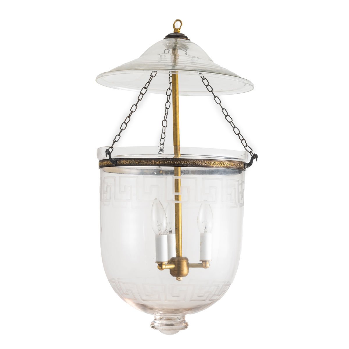 The CDNY Large Plain Greek Key Lantern Chandelier, showcasing classic etched glass with a timeless Greek Key band pattern.