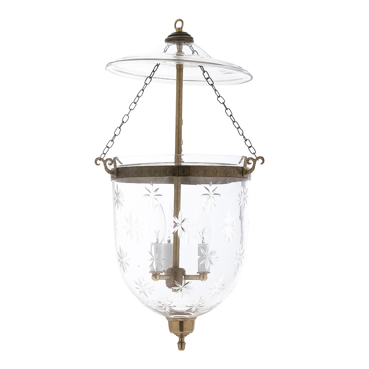 The CDNY Large Star Cut Lantern Chandelier, with beautiful etched glass and a timeless antique brass finish.