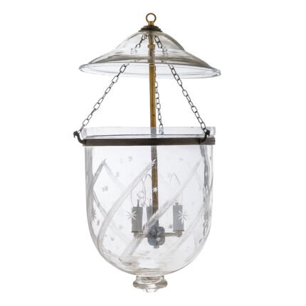CDNY Large Star Feather Lantern Chandelier featuring elegantly etched glass with a star and feather pattern and a brass finish