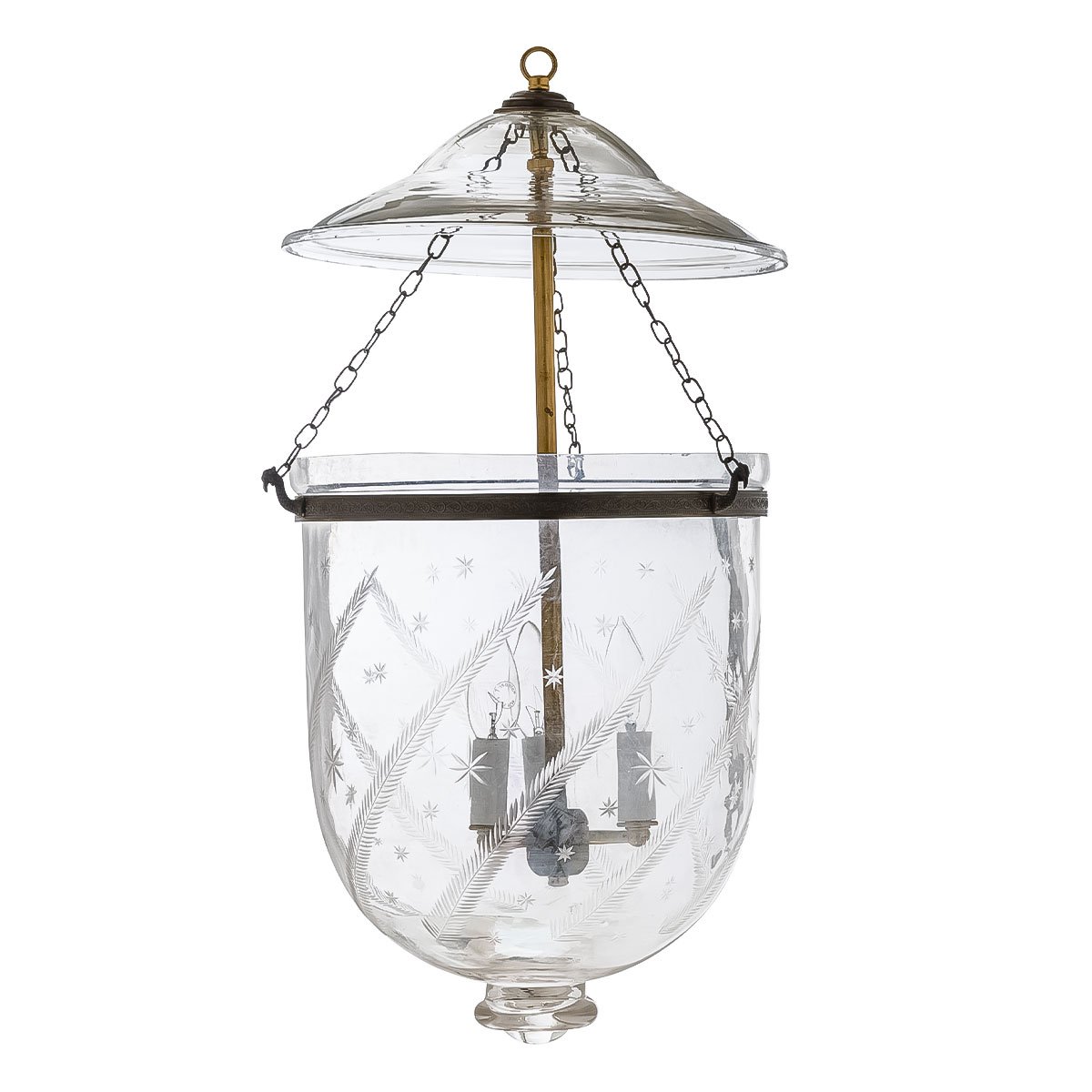 The CDNY Large Star Feather Lantern Chandelier, with beautifully etched glass and a timeless brass finish.
