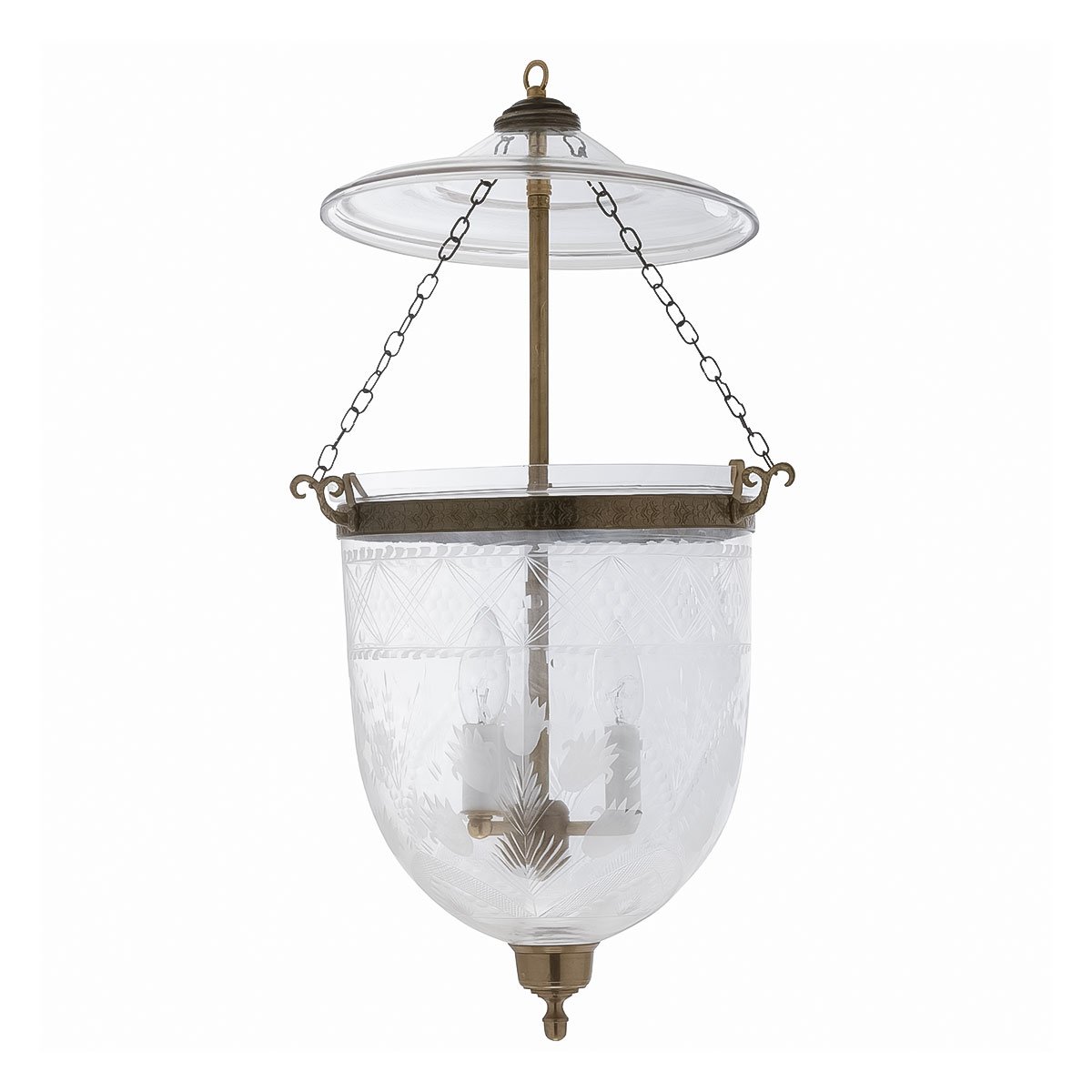 CDNY Large Tulip Lantern Chandelier featuring etched tulip design glass and an antique brass finish