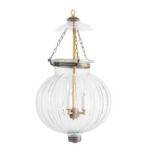 CDNY Large Melon Lantern Chandelier featuring plain clear ribbed glass and an antique brass finish