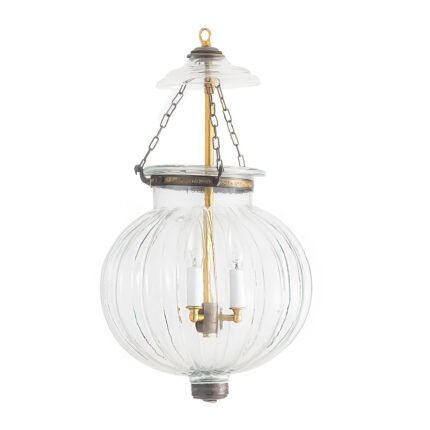 CDNY Large Melon Lantern Chandelier featuring plain clear ribbed glass and an antique brass finish
