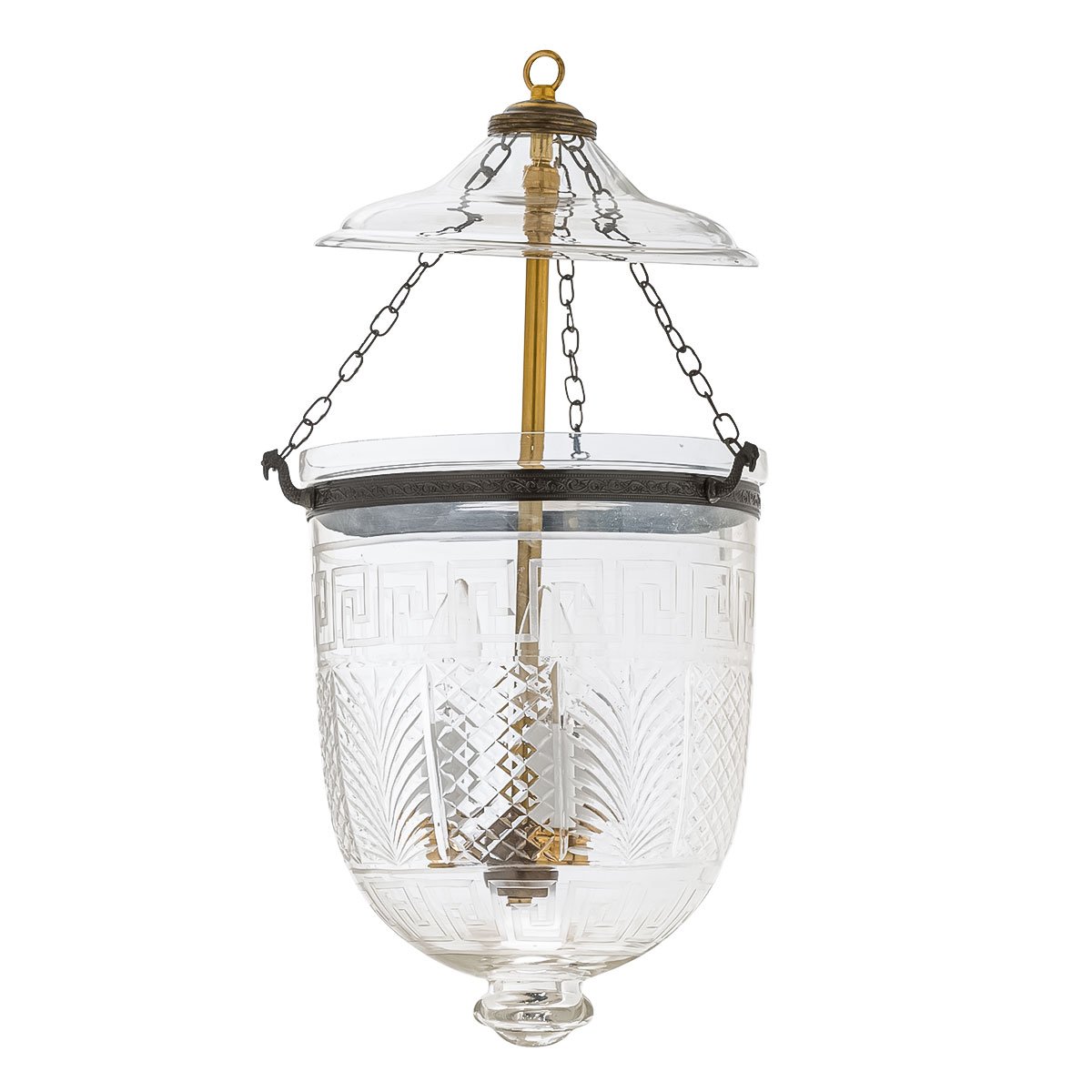 CDNY Medium Greekey Lantern Chandelier featuring etched Greek Key and geometric glass with an antique brass finish

