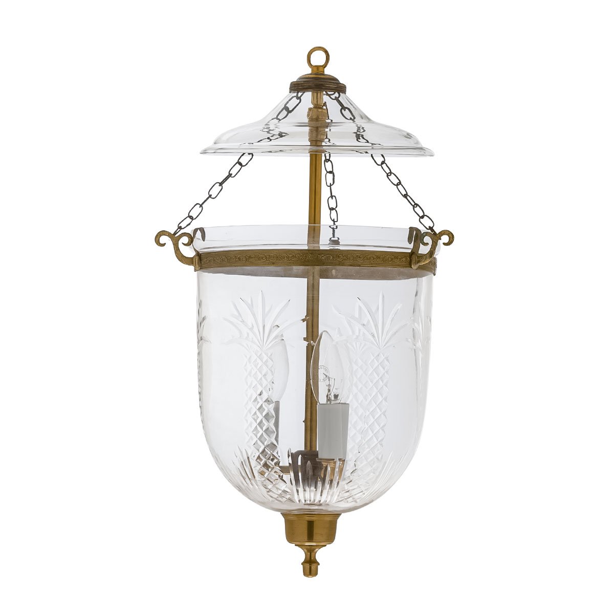 CDNY Medium Palm Tree Lantern Chandelier featuring etched tropical glass with a palm tree pattern and an antique brass finish