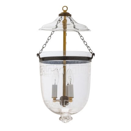 CDNY Medium Plain Greek Key Lantern Chandelier with etched Greek Key band glass