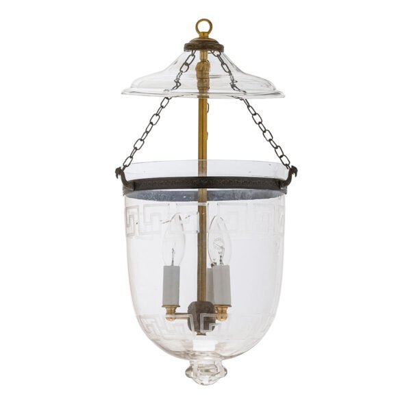 CDNY Medium Plain Greek Key Lantern Chandelier with etched Greek Key band glass