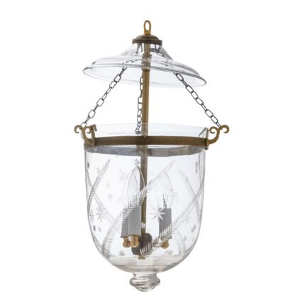 CDNY Medium Star Feather Lantern Chandelier featuring elegantly etched glass with a star and feather pattern and an antique brass finish