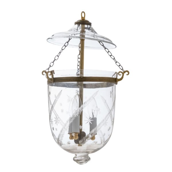CDNY Medium Star Feather Lantern Chandelier featuring elegantly etched glass with a star and feather pattern and an antique brass finish