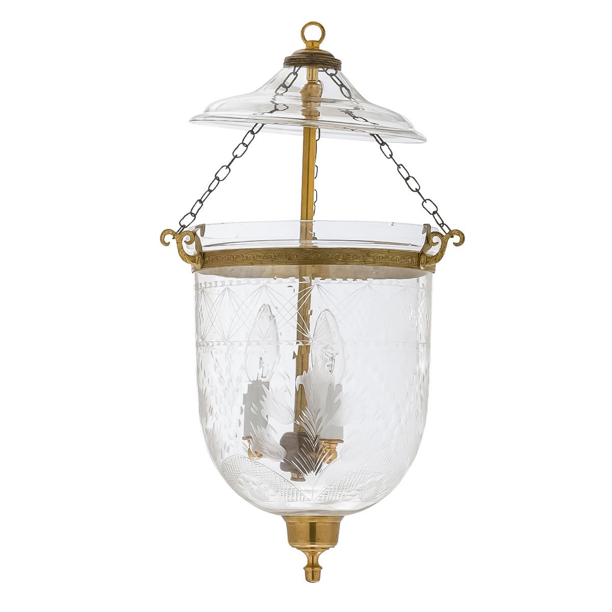 CDNY Medium Tulip Lantern Chandelier featuring elegant etched glass with a tulip design and an antique brass finish