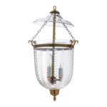 CDNY Medium Vertical Leaf Lantern Chandelier featuring etched leaf pattern glass and an antique brass finish