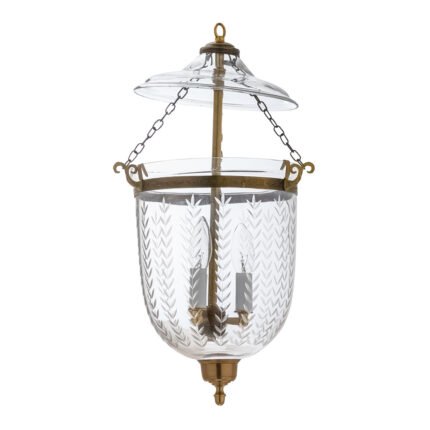 CDNY Medium Vertical Leaf Lantern Chandelier featuring etched leaf pattern glass and an antique brass finish
