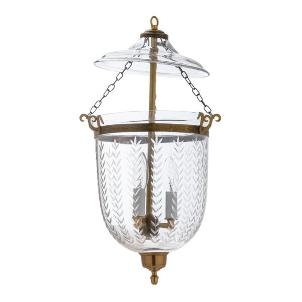 CDNY Medium Vertical Leaf Lantern Chandelier featuring etched leaf pattern glass and an antique brass finish