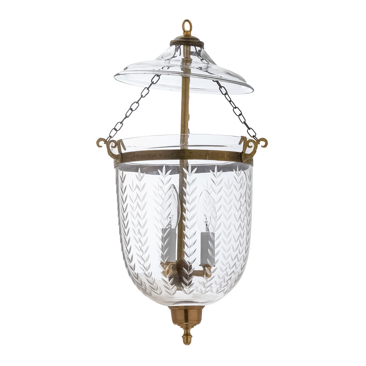 CDNY Medium Vertical Leaf Lantern Chandelier featuring etched leaf pattern glass and an antique brass finish