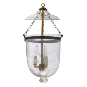 CDNY Medium Wheat Cut Lantern Chandelier with etched glass and antique brass finish