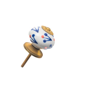 WHITE WITH BLUE & RED FLOWER CERAMIC BALL KNOB , 1.5" , .13 lbs (Pack of 6)