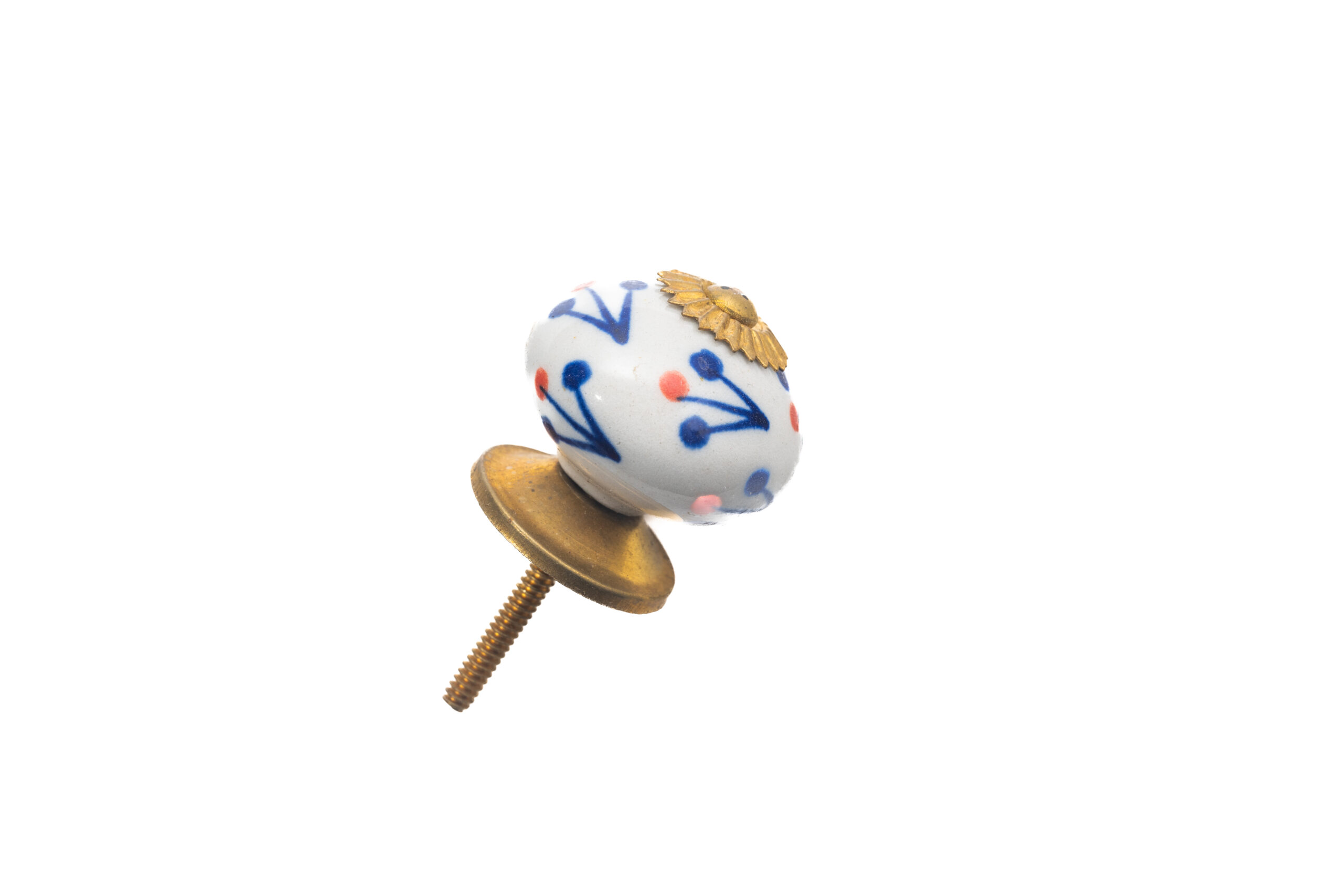 WHITE WITH BLUE & RED FLOWER CERAMIC BALL KNOB , 1.5" , .13 lbs (Pack of 6)