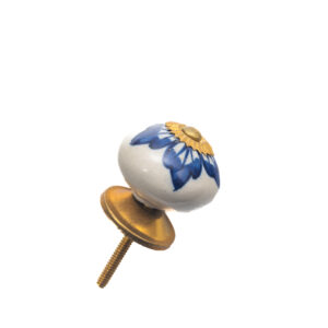 BLUE LEAF ON WHITE CERAMIC KNOB , 1.5" , .13 lbs (Pack of 6)