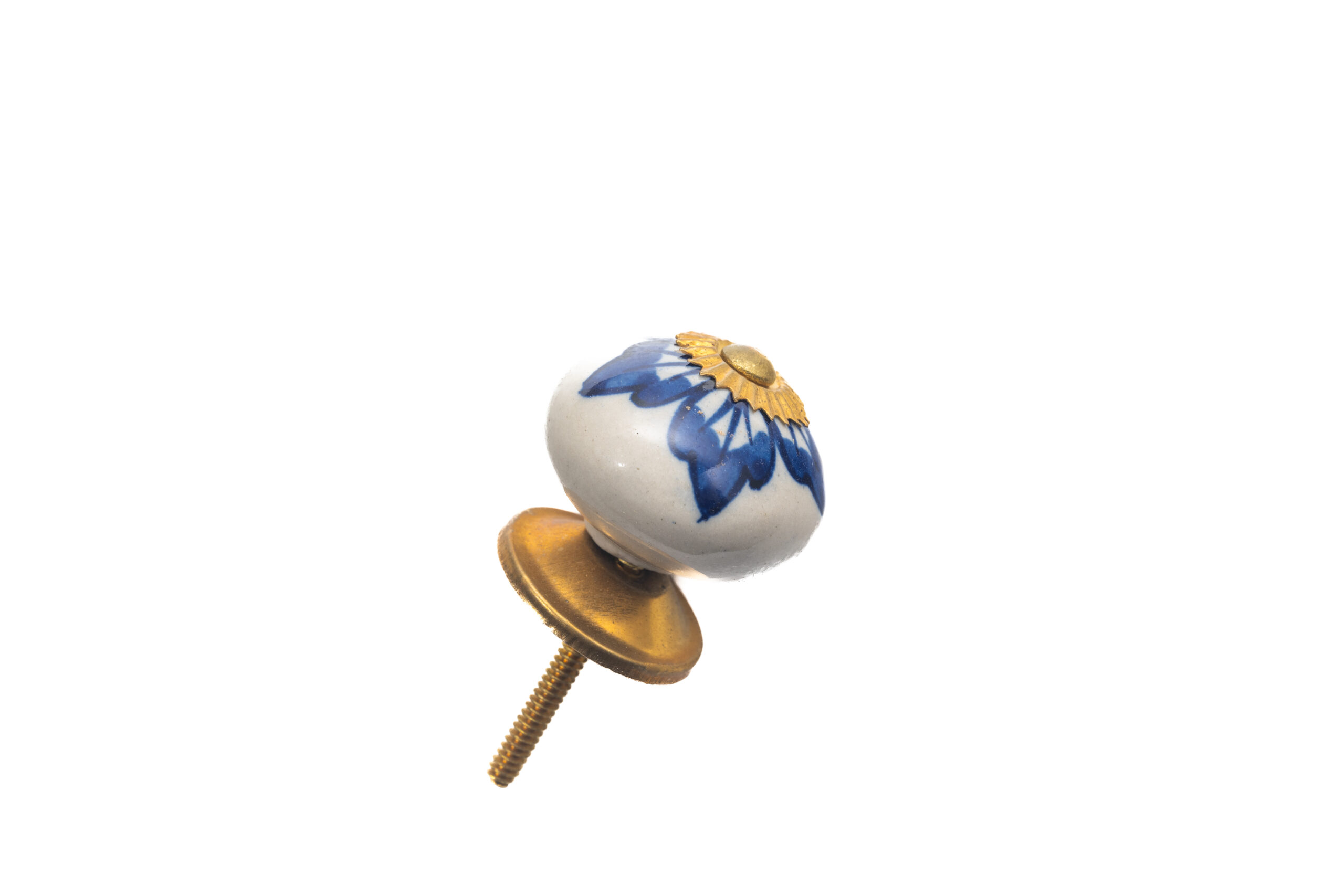 BLUE LEAF ON WHITE CERAMIC KNOB , 1.5" , .13 lbs (Pack of 6)