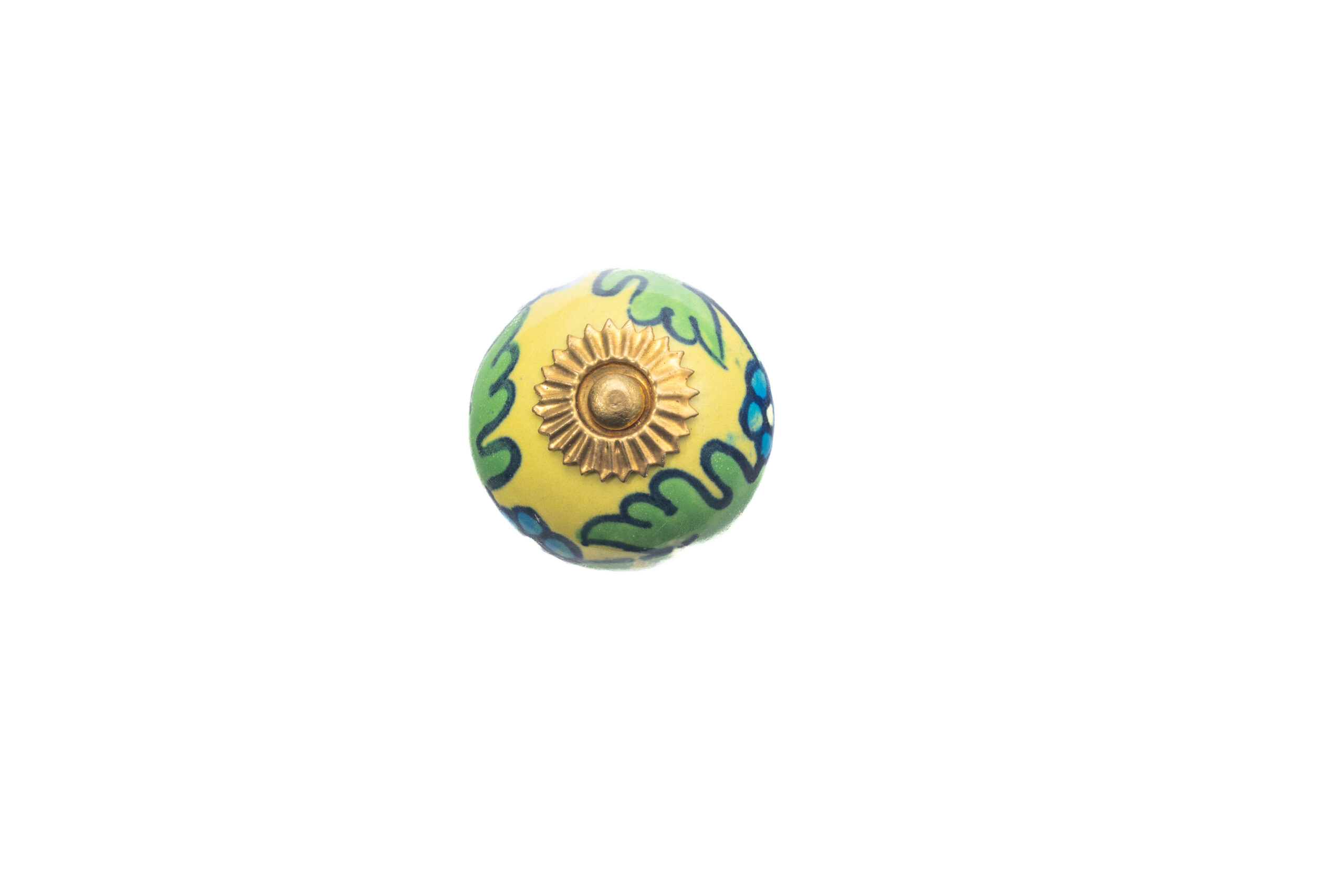 GREEN FLOWER ON YELLOW CERAMIC BALL KNOB , 1.5" , .13 lbs (Pack of 6)