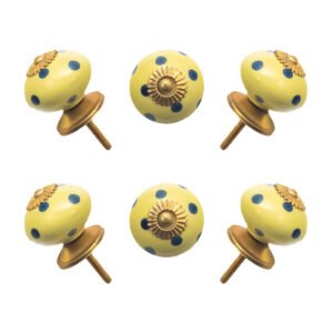 Yellow and Blue Polka Dot Ceramic Knobs with Antique Brass