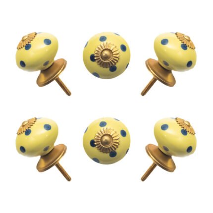 Yellow and Blue Polka Dot Ceramic Knobs with Antique Brass