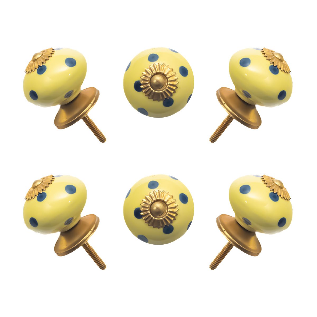 Yellow & Blue Polka Dot Ceramic Knobs with Antique Brass Accents (Set of 6) - 1.5 Inch