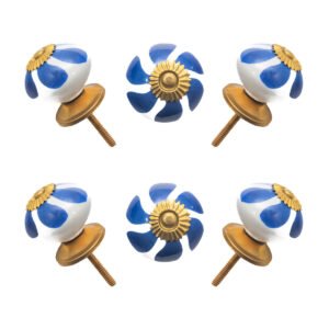 Hand-Painted Blue Leaf Ceramic Knobs with Antique Brass