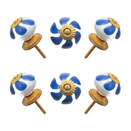 Hand-Painted Blue Leaf Ceramic Knobs with Antique Brass