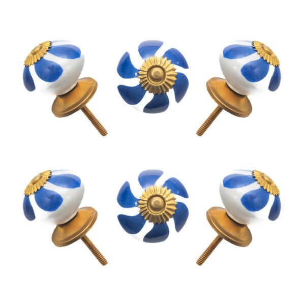 Hand-Painted Blue Leaf Ceramic Knobs with Antique Brass