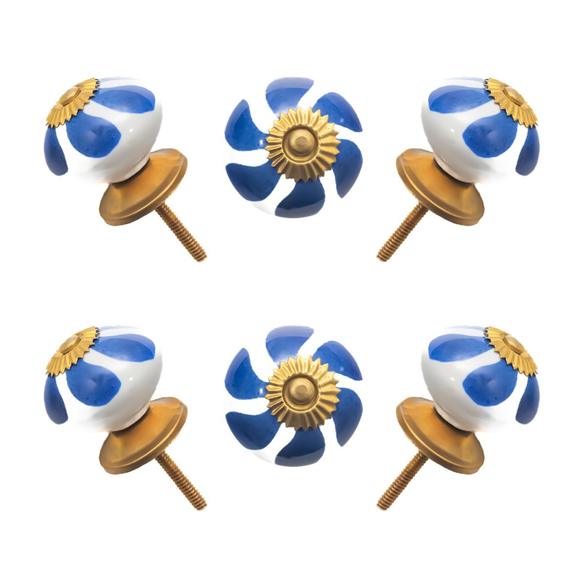 Hand-Painted Blue Leaf & White Ceramic Knobs with Antique Brass Accents by CDNY