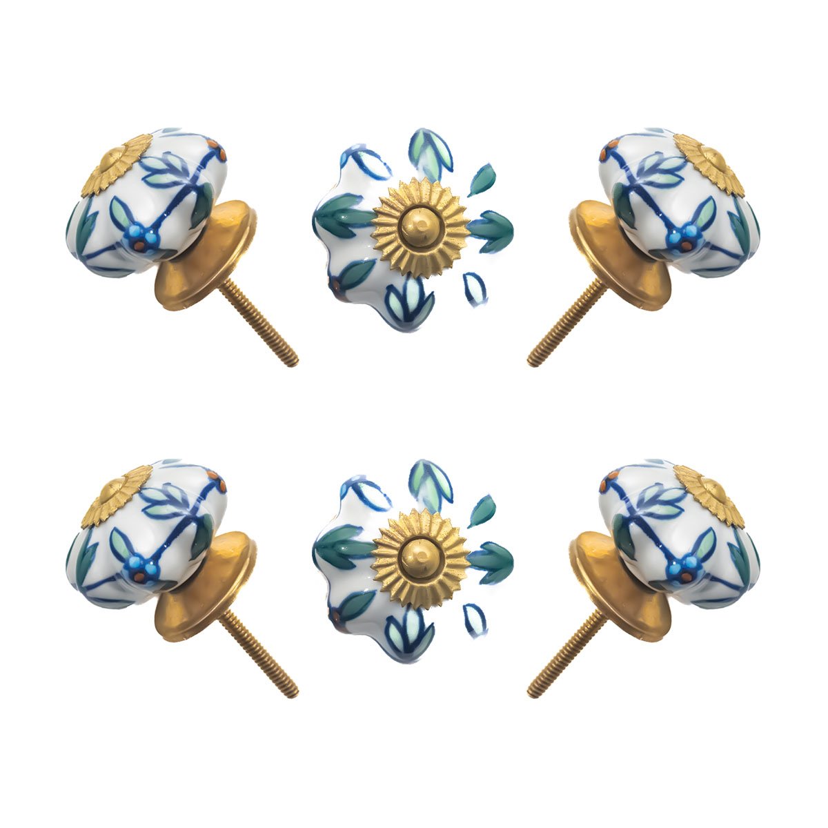 Hand-Painted Floral Multi flower Ceramic Knobs (Pack of 6)