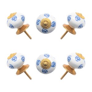 Elegant White Ceramic Ball Knobs with Blue Swirls