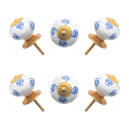 Elegant White Ceramic Ball Knobs with Blue Swirls
