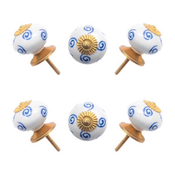 Elegant White Ceramic Ball Knobs with Blue Swirls