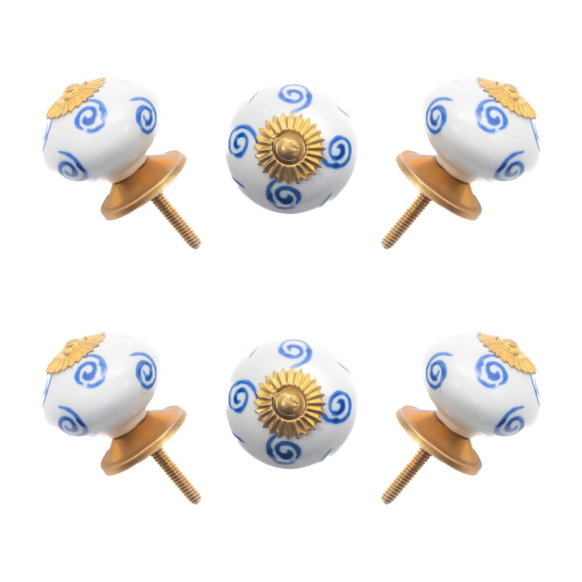 Elegant White Ceramic Ball Knobs with Blue Swirls (Pack of 6)