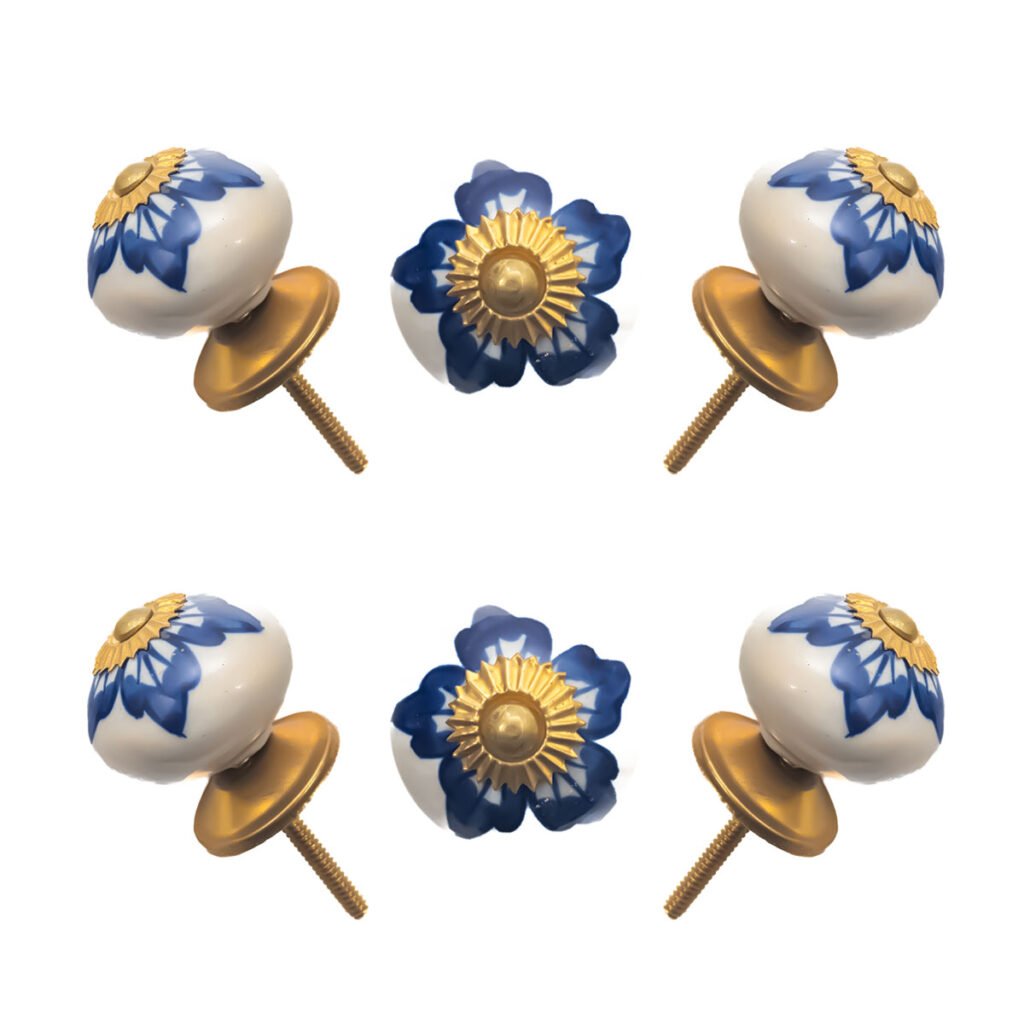 Artisanal Blue Floral Ceramic Knob, Hand Painted Elegance